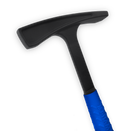 Close up shot of a black hammer with a bright blue handle
