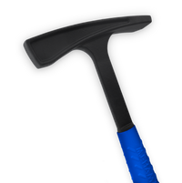 Close up shot of a black hammer with a bright blue handle