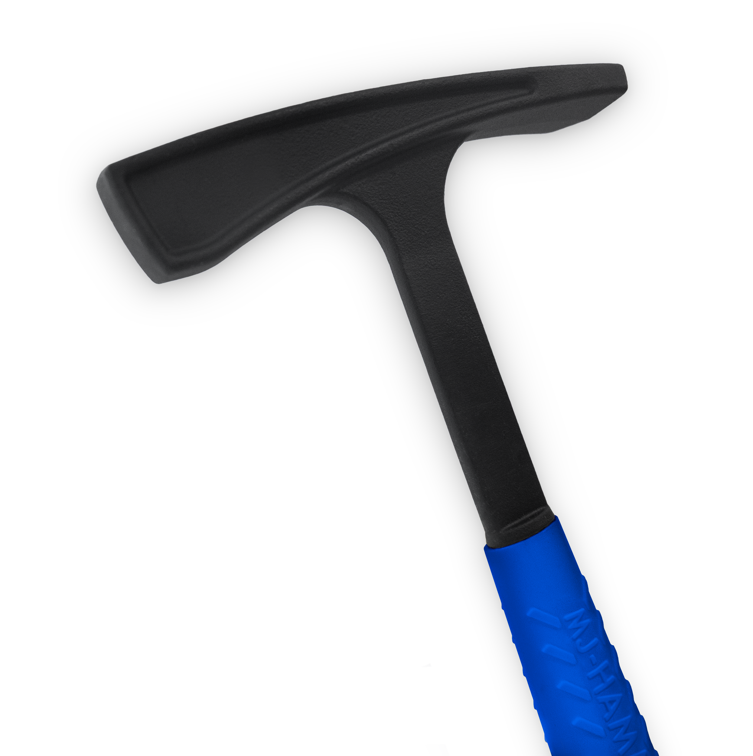 Close up shot of a black hammer with a bright blue handle