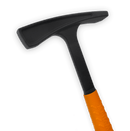 Close up shot of a black hammer with a bright orange handle
