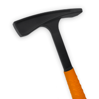 Close up shot of a black hammer with a bright orange handle