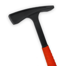 Close up shot of a black hammer with a bright red handle