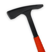 Close up shot of a black hammer with a bright red handle