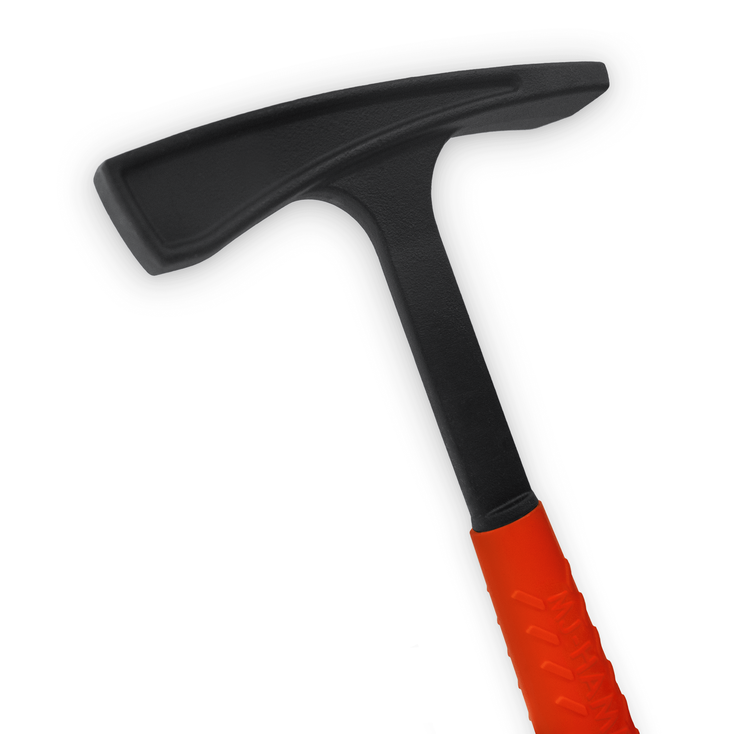 Close up shot of a black hammer with a bright red handle