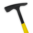 Close up shot of a black hammer with a bright yellow handle
