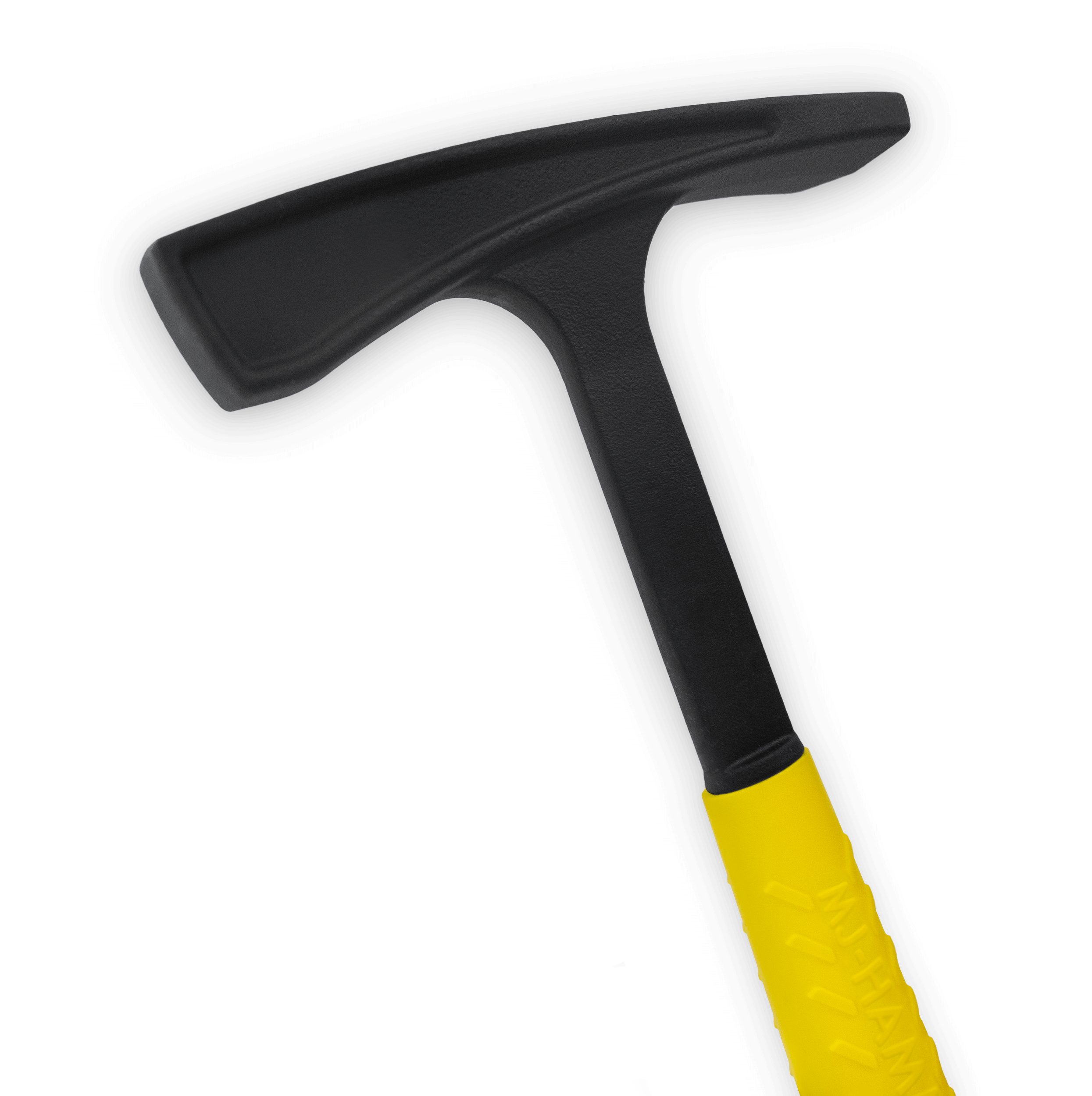 Close up shot of a black hammer with a bright yellow handle