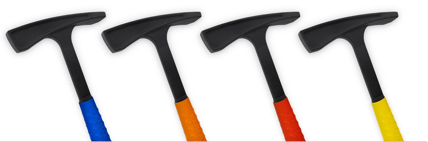 Four hammers with black handles and colorful blades on a white background