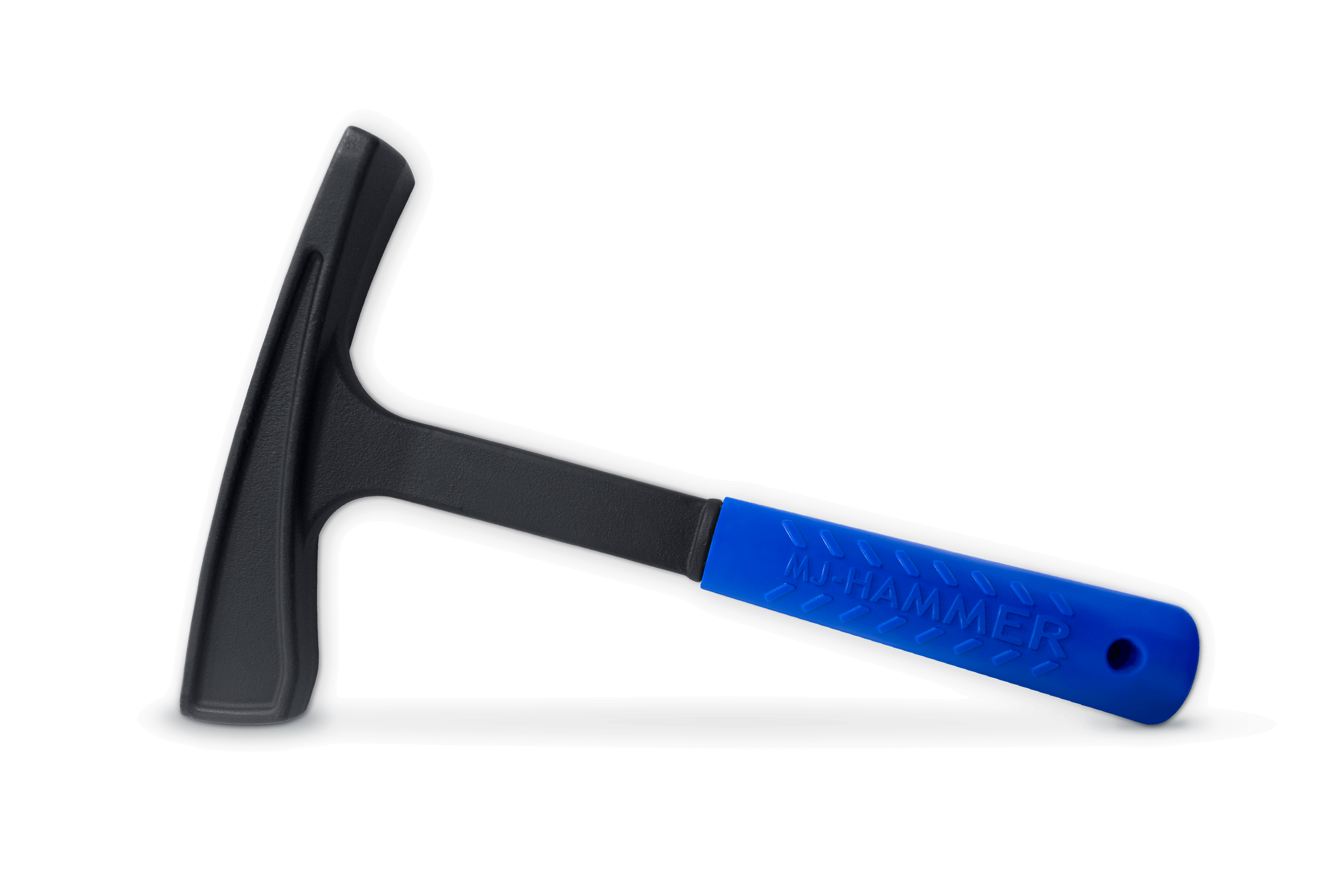 Black hammer with a bright blue handle at a sideways angle