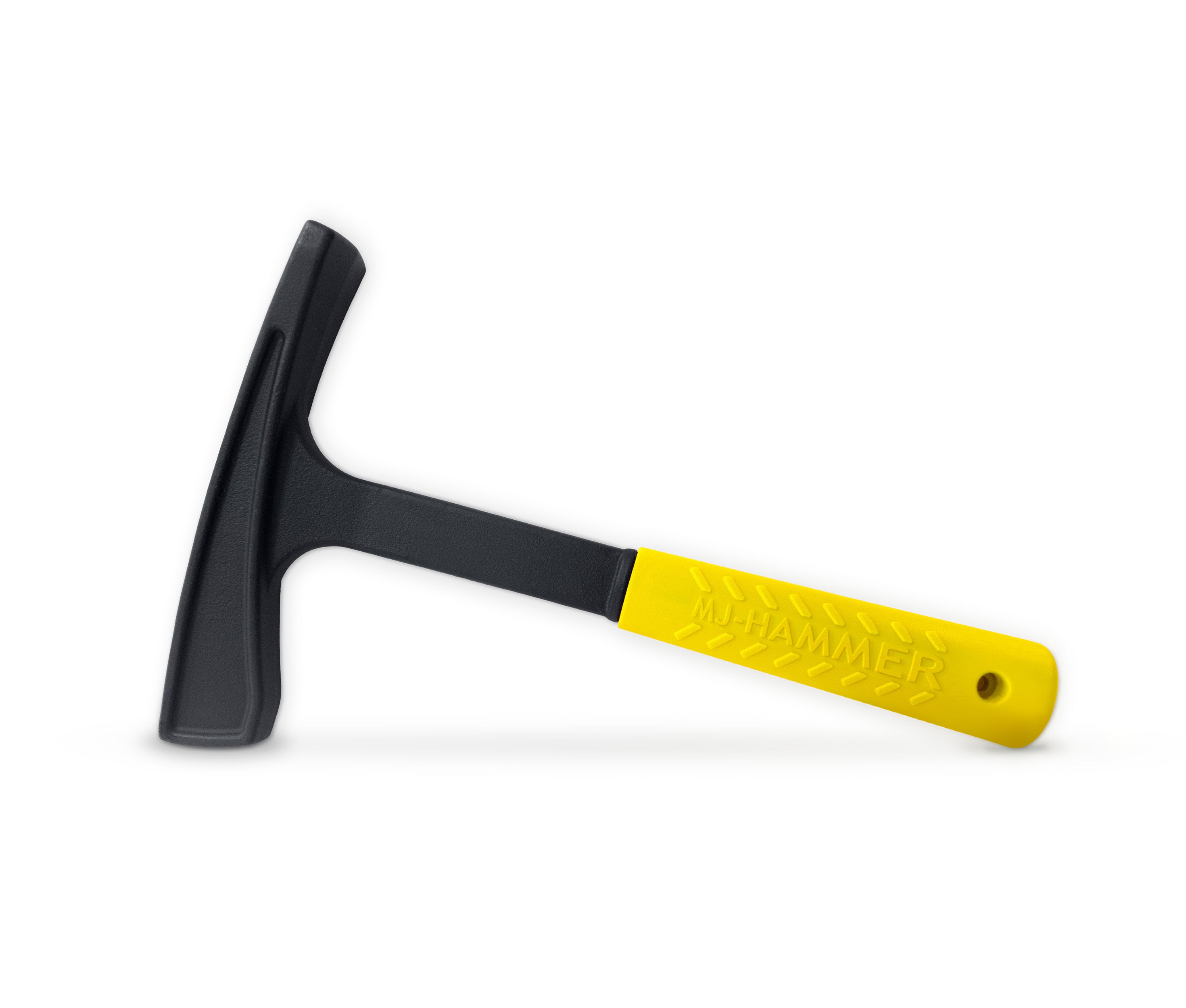 Full shot of a black hammer with a bright yellow handle